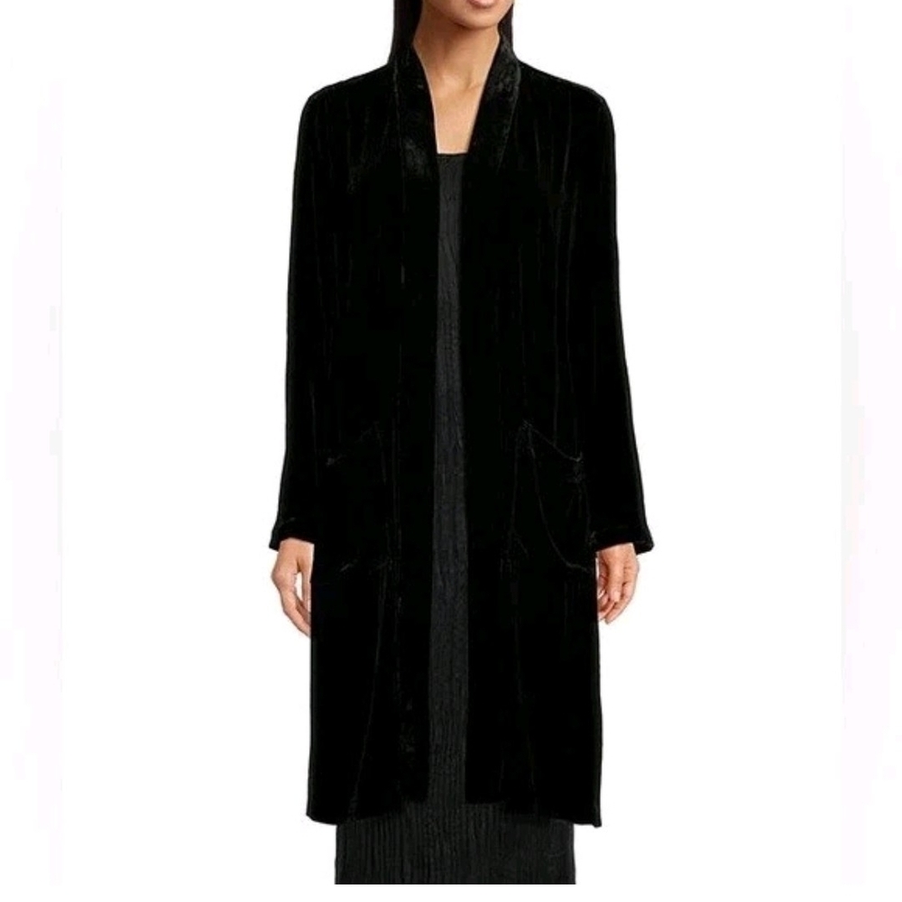 Eileen Fisher Open-Front Black Velvet Jacket Silk Blend Kimono Cardigan - Picture 3 of 11